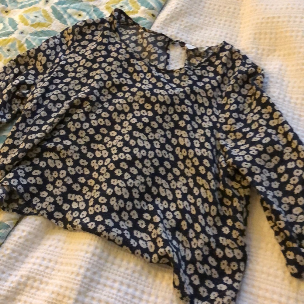 Navy and white floral blouse